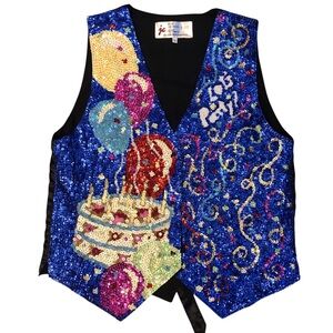 Vintage 90s JC Sequined Novelty Vest Bling Birthday Cake Let’s Party￼ Size Small
